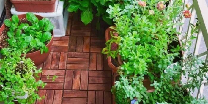 ベランダにすのこと植木鉢を置いている写真