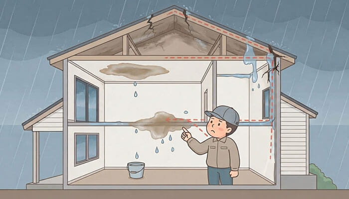 屋根から入った雨水が別の場所から雨漏りしている図
